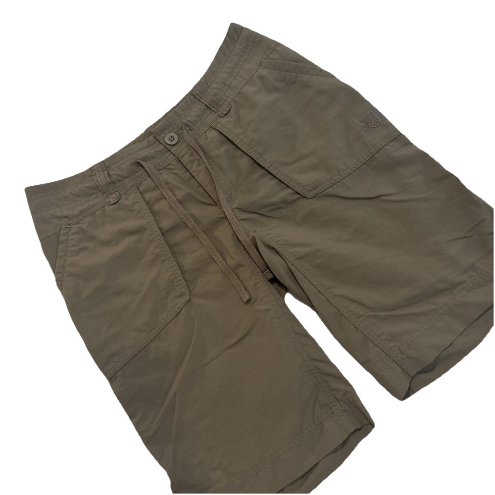 North Face Sz 6 GREEN Long Shorts Nylon Cargo Pocket Drawstring Lightweight EUC